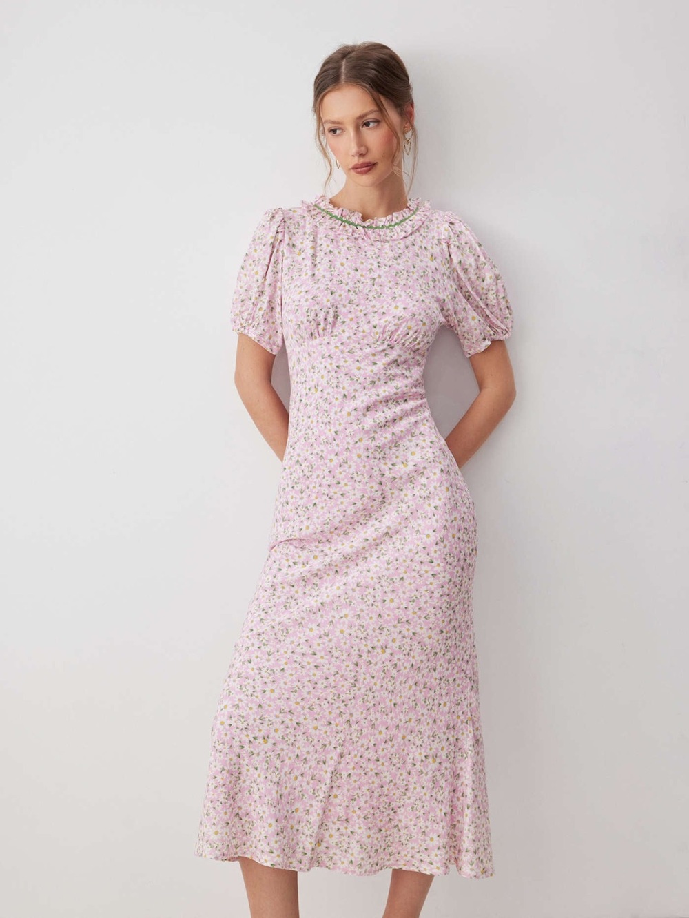 RIXO Deia Floral Print Voile Daisy Chain Ruffle Pink Midi Dress Size Small